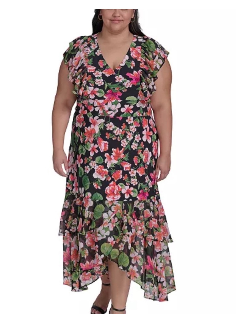 Tommy Hilfiger Black Floral Ruffle High-Low Maxi Dress